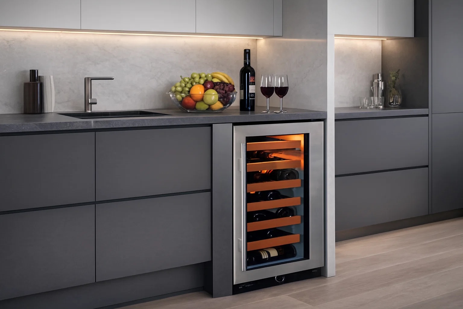 Sub-Zero 15-inch built-in undercounter wine cooler with glass door installed under counter-height