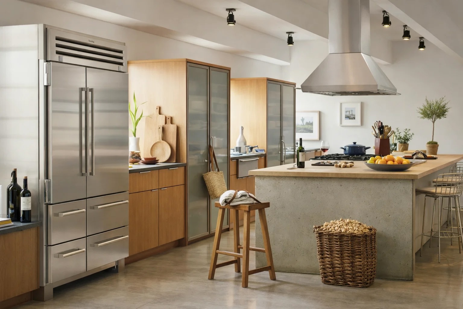 Sub-Zero 648PRO side-by-side refrigerator in luxury stainless steel kitchen showing perfect zone balance.