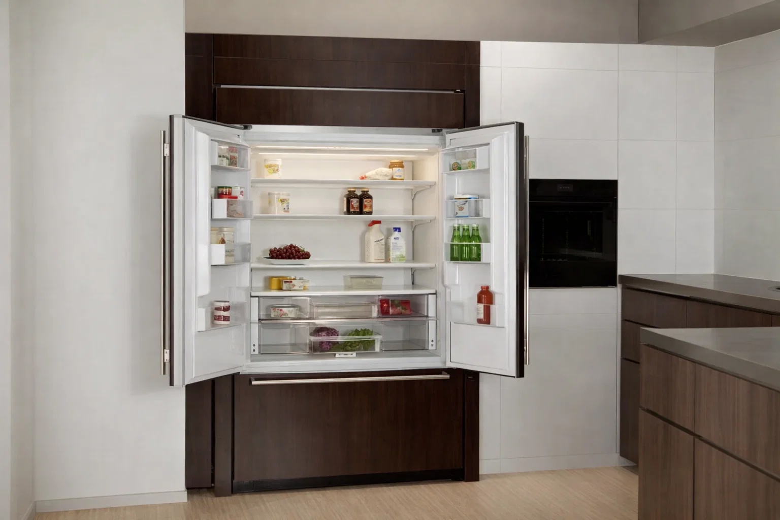 Sub-Zero BI-36UFD French door refrigerator open revealing perfect seal and organized interior.