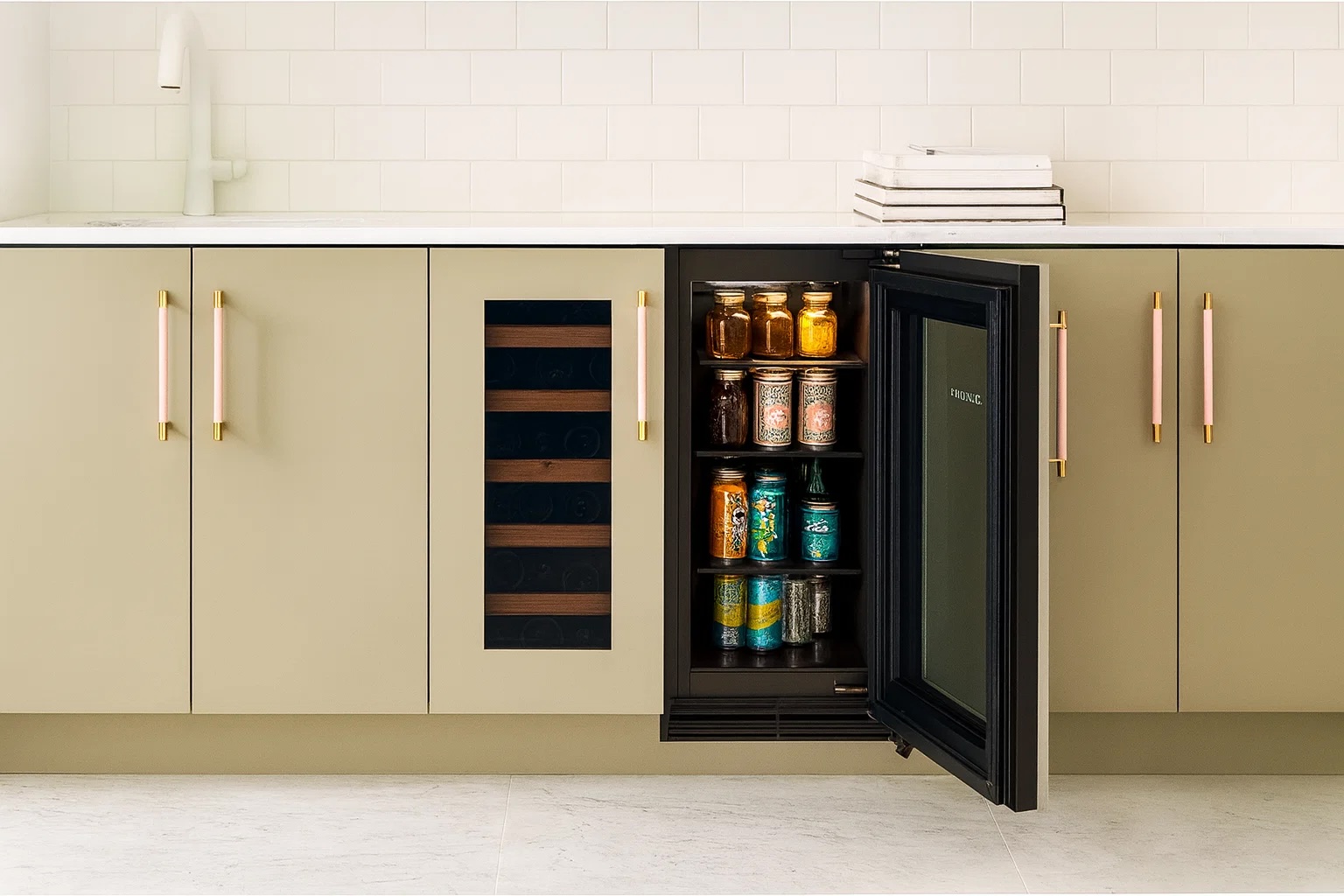 Sub-Zero DEU1550B 15-inch beverage center open and stocked in undercounter bar setup