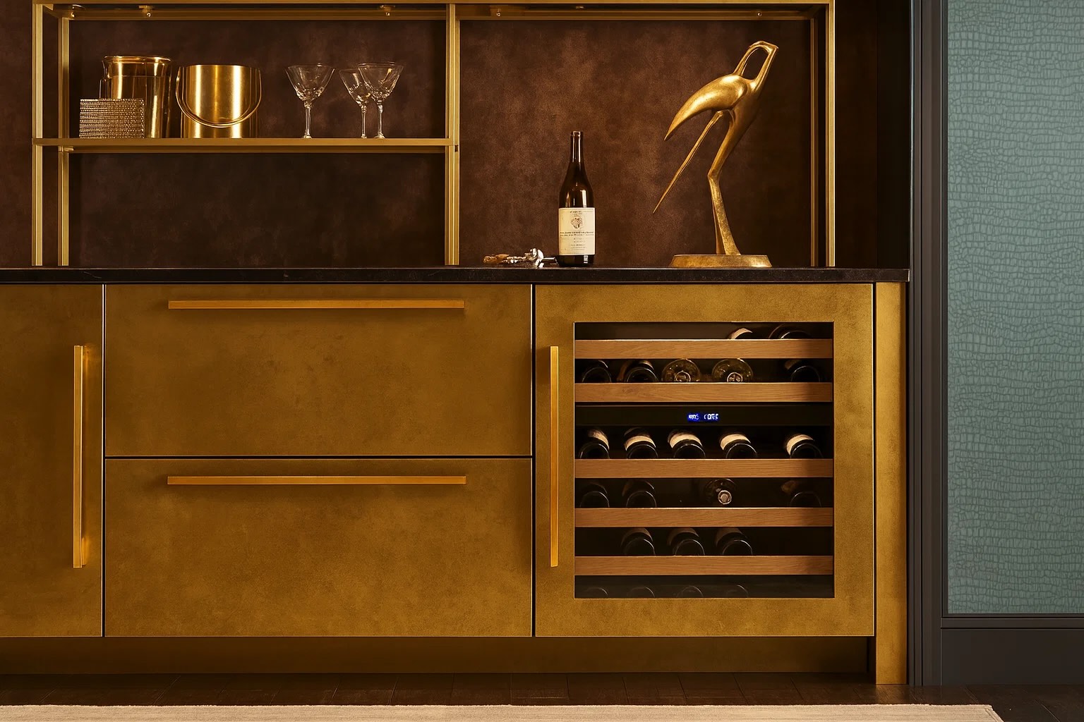 Sub-Zero DEU2450W wine cooler flush integrated in bar displaying dual 55°F–45°F zones