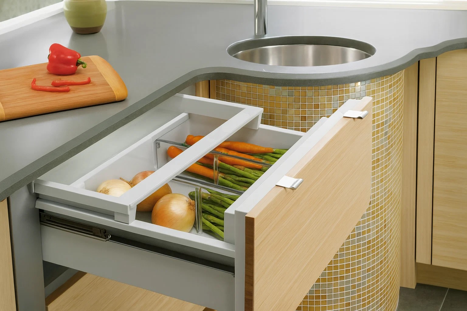 Sub-Zero ID-36R double drawer refrigerator fully extended and stocked with produce under sink