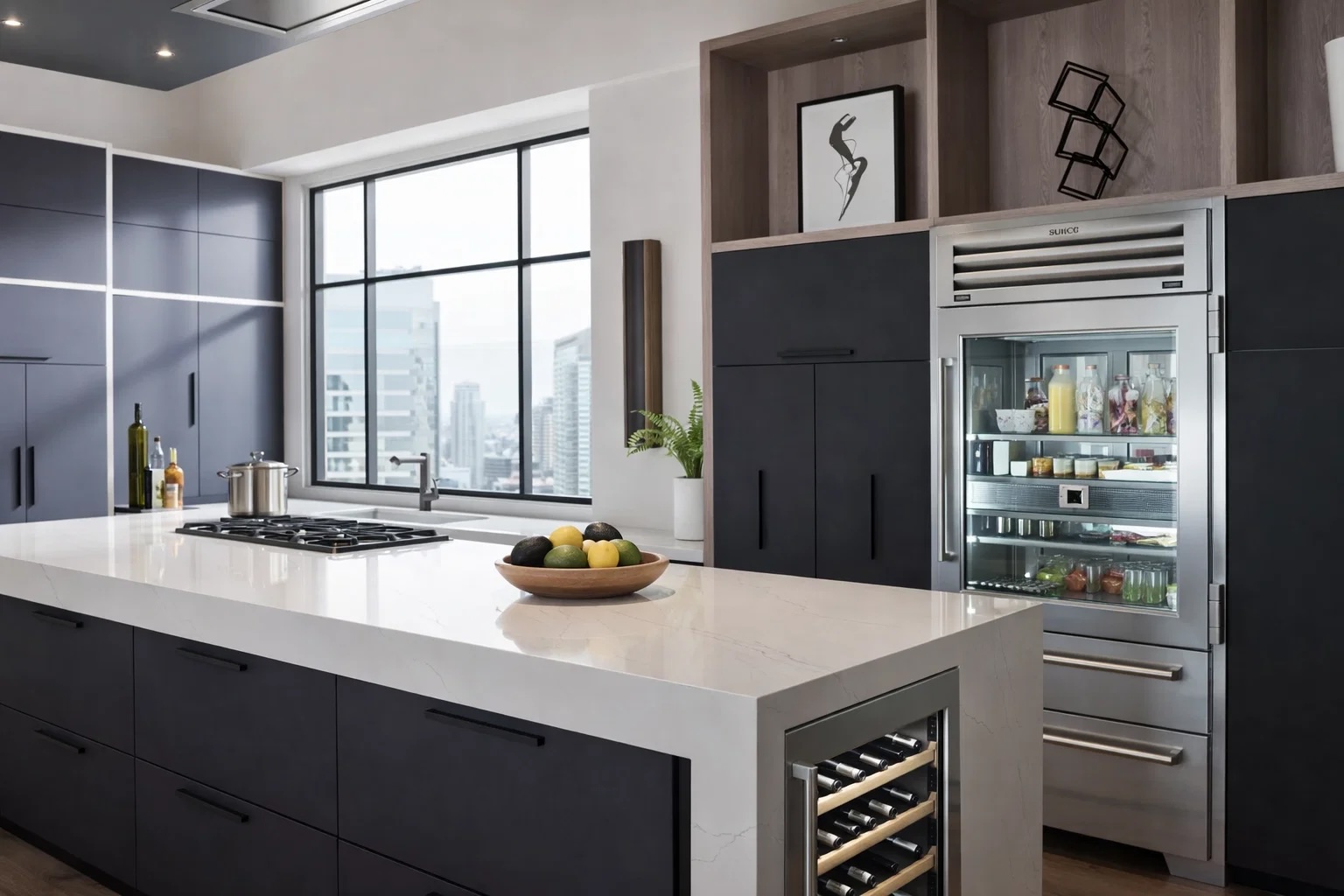 Sub-Zero PRO3650 glass-door Pro Series unit showcasing operation sounds in modern high-rise kitchen