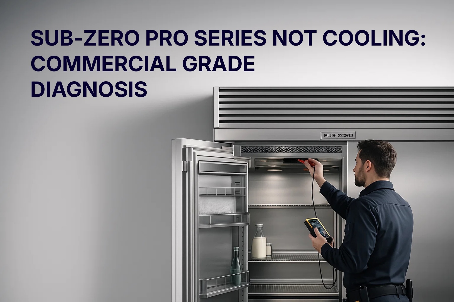 Technician inspecting the top grille of a Sub-Zero Pro Series refrigerator during a cooling diagnosis, with commercial-grade stainless steel design visible