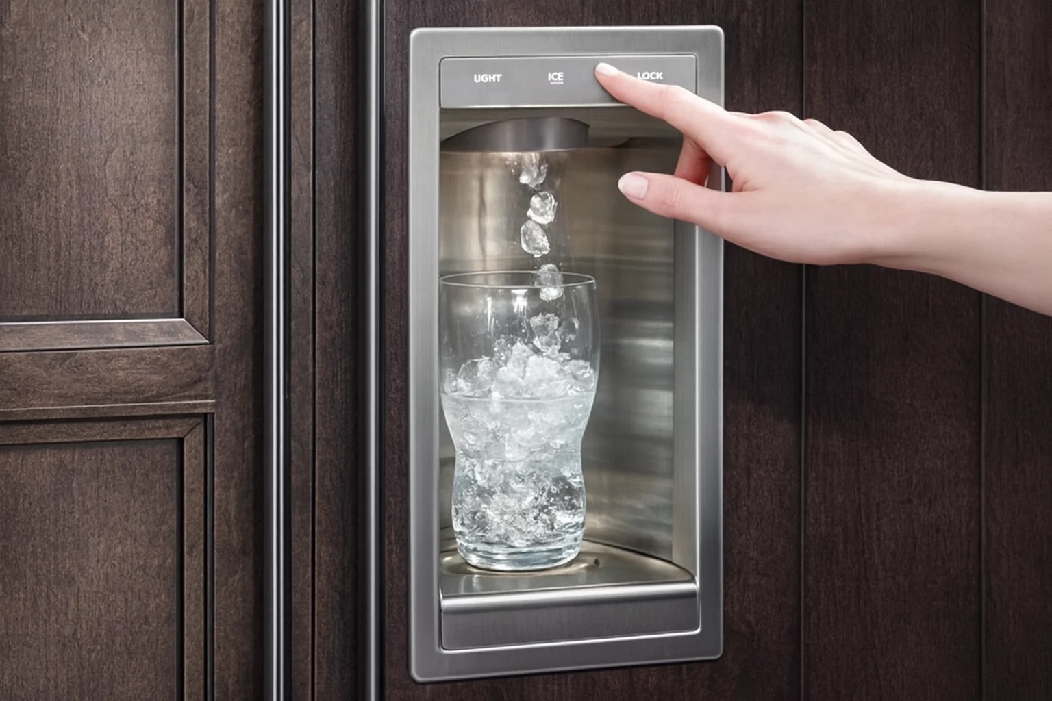 Sub-Zero side-by-side dispenser dispensing crushed ice and water