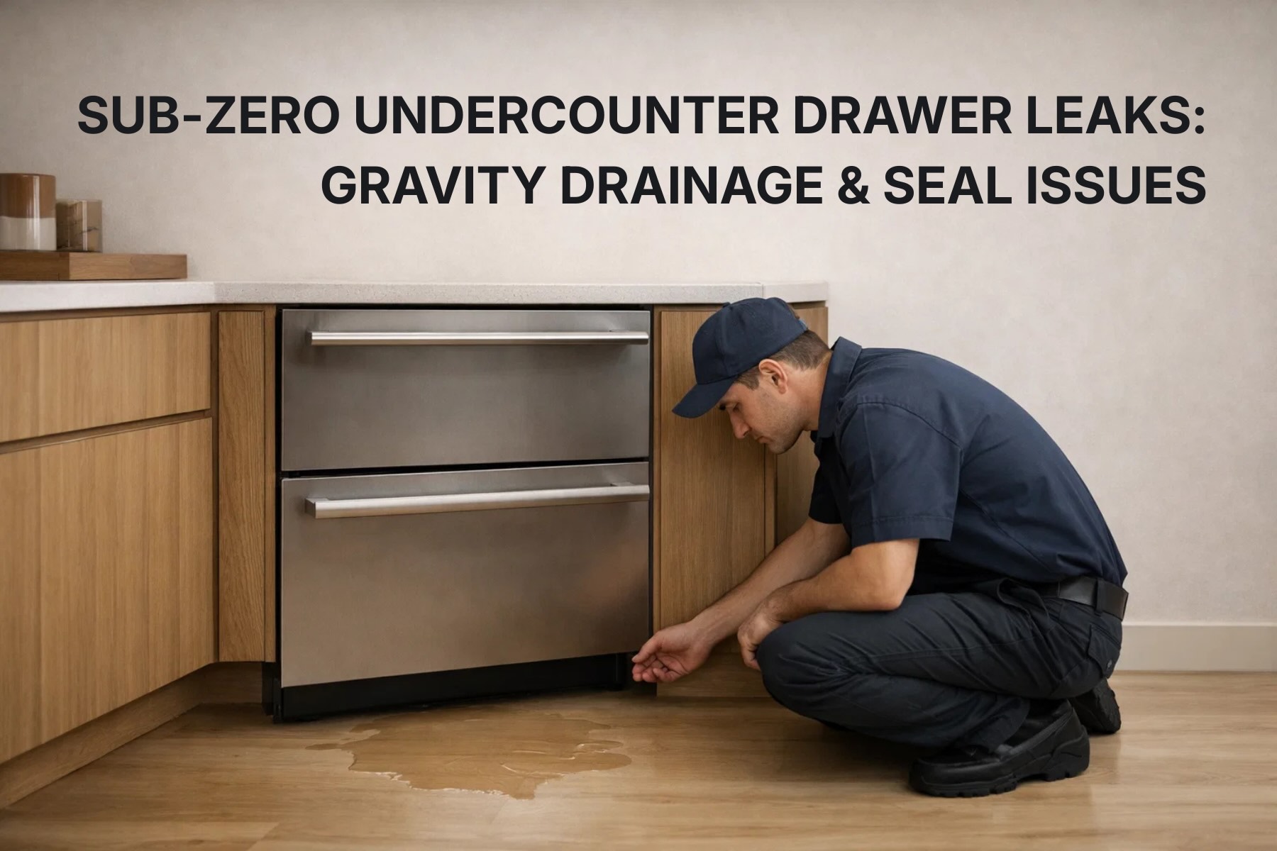 Sub-Zero undercounter drawer refrigerator with water pooling on the floor, showing the drawer partially open and a technician inspecting the leak source
