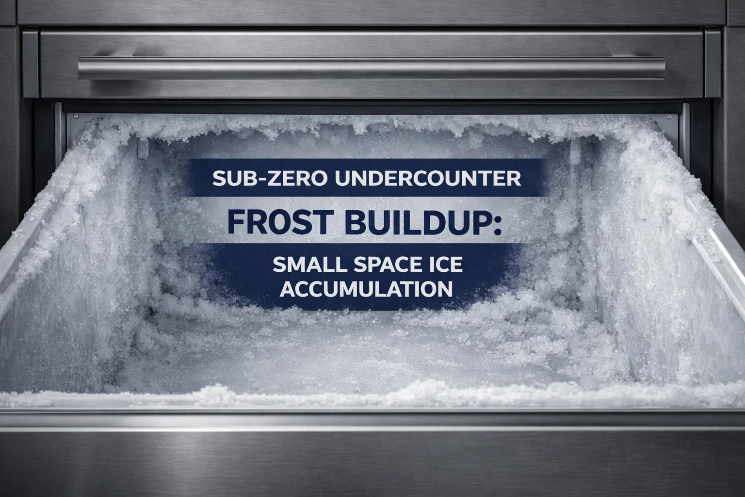 Sub-Zero undercounter refrigerator drawer with visible frost buildup on the interior walls and vents, illustrating small-space ice accumulation issues
