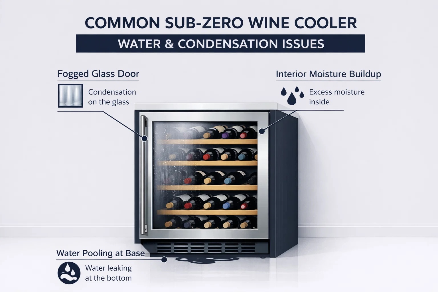 Infographic showing common Sub-Zero wine cooler water and condensation problems, including fogged glass doors and interior moisture