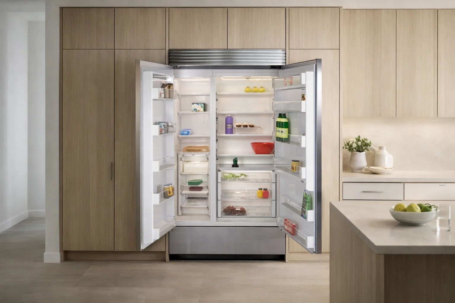 Sub Zero CL4850S side-by-side refrigerator interior with both doors fully open