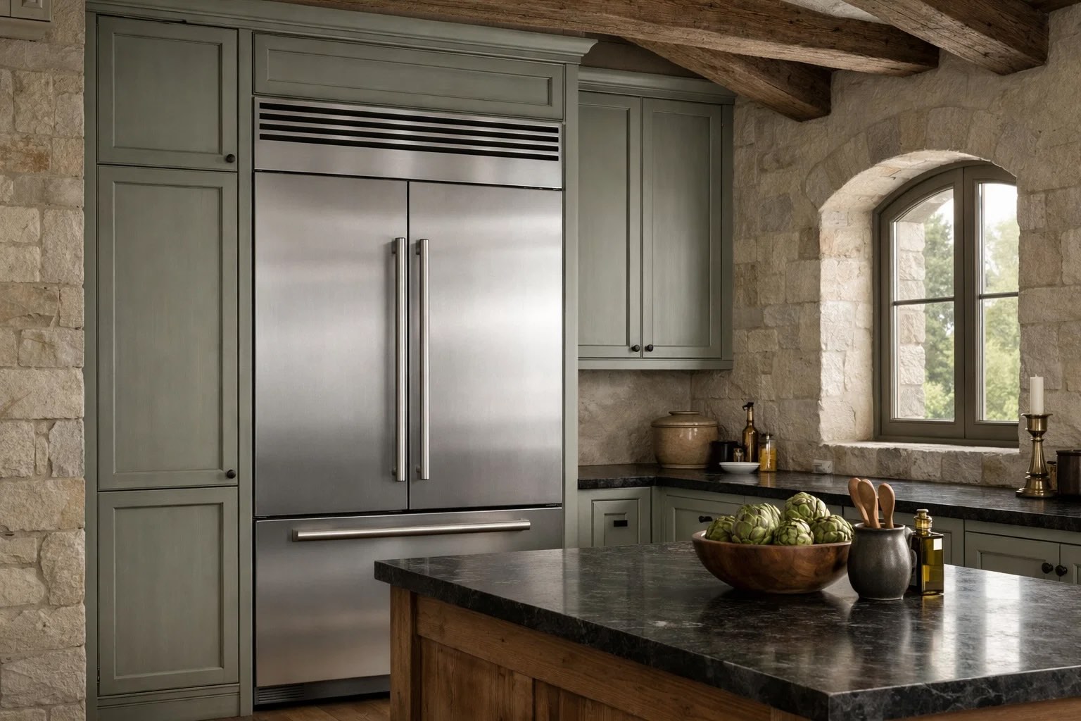 High-end Sub-Zero refrigerator integrated into custom cabinetry