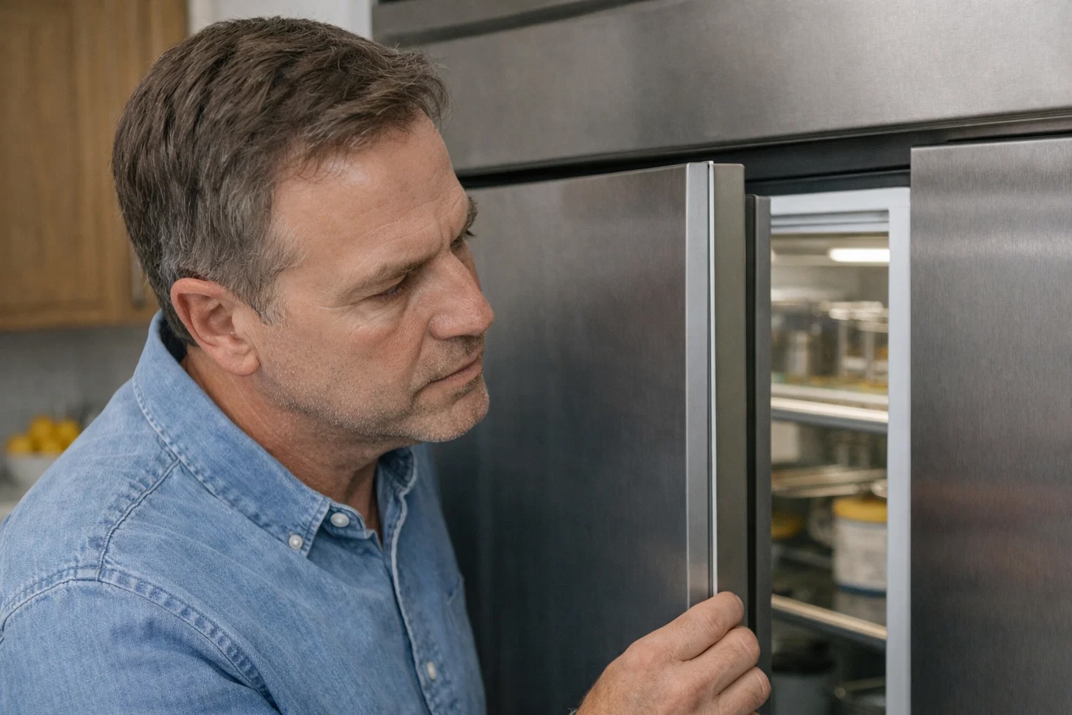 Homeowner inspecting Sub-Zero refrigerator door seal for gaps and wear