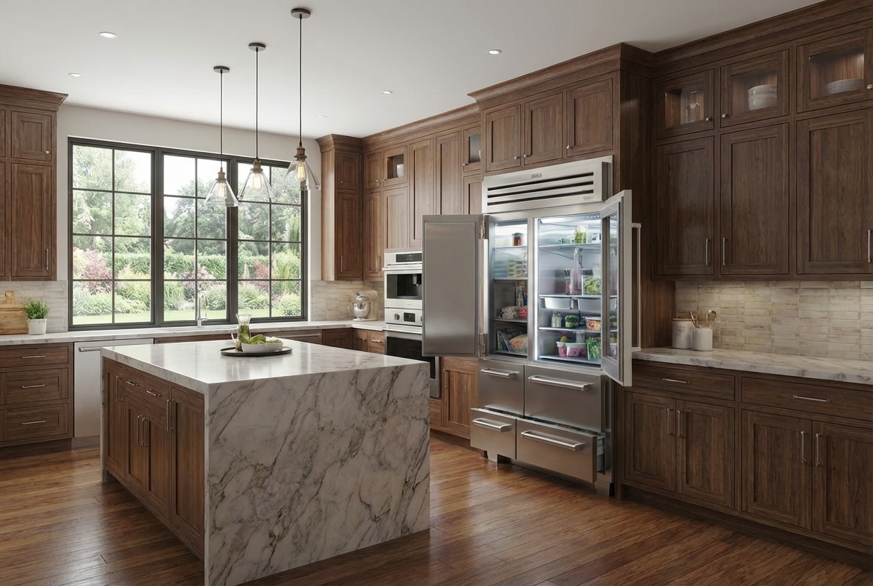 Sub-Zero 648PRO refrigerator with both doors open revealing organized interior stocked with groceries