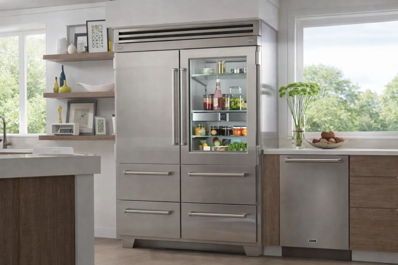 Sub-Zero 648PRO glass-door model showcasing organized interior with fresh groceries and condiments