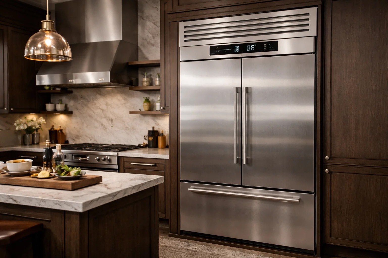 Sub-Zero Pro Series refrigerator in a professional-style kitchen. Stainless steel finish, wide handles, and illuminated control panel visible. Emphasis on durability, power, and commercial-grade design.